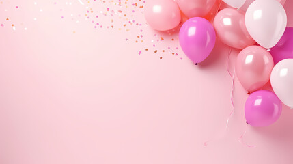 Holiday celebration background with balloons, golden sparkling confetti and ribbons