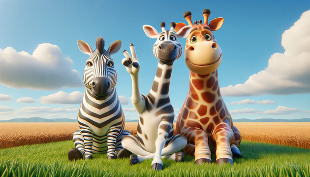Close-up of a group of 3d, cute animals looking straight at the camera with smiling expressions. Realistic safari, zoo wildlife background. Nature image. Ultra wide angle lens. AI generative.