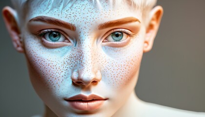 Close-up portrait of a young serene albino woman with unusual appearance. Face full of freckles.  Naive and pure look. Inclusion and diversity.