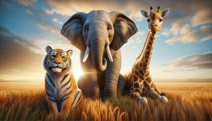 Close-up of a group of 3d, cute animals looking straight at the camera with smiling expressions. Realistic safari, zoo wildlife background. Nature image. Ultra wide angle lens. AI generative. - Powered by Adobe
