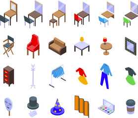 Backstage theater room icons set isometric vector. Makeup dressing. Table mirror