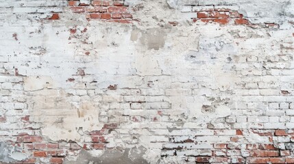 Empty Old Brick Wall Texture. Painted Distressed Wall Surface. Grungy Wide Brickwall. Grunge white...