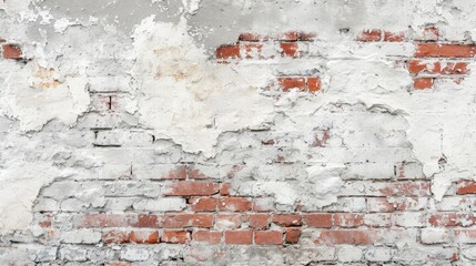 Empty Old Brick Wall Texture. Painted Distressed Wall Surface. Grungy Wide Brickwall. Grunge white Stonewall Background. Shabby Building Facade With Damaged Plaster. Abstract Web Banner. Copy Space.