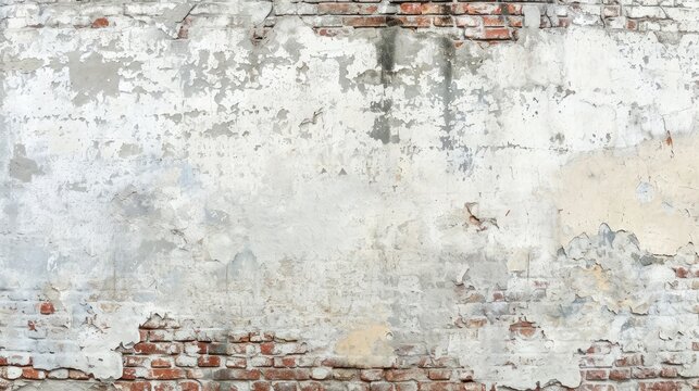Fototapeta Empty Old Brick Wall Texture. Painted Distressed Wall Surface. Grungy Wide Brickwall. Grunge white Stonewall Background. Shabby Building Facade With Damaged Plaster. Abstract Web Banner. Copy Space.