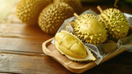 Obraz na płótnie Canvas Fresh durian in packaging on wooden dish with durian peel. Durian king of fruit. Tropical fruit.