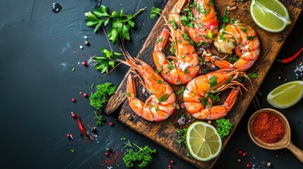 Fresh shrimps prawns seafood lemon lime with herbs and spice, Shrimp peeled on wooden cutting board...