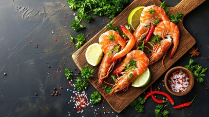 Fresh shrimps prawns seafood lemon lime with herbs and spice, Shrimp peeled on wooden cutting board dark background dining table food, top view - obrazy, fototapety, plakaty