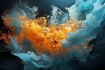 Molten silver and turquoise liquids colliding with explosive force, forming a captivating and intense abstract display, perfectly documented by an HD camera