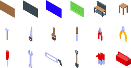 Garage tools board icons set isometric vector. Interior workshop. Equipment wooden desk