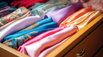 Closeup of a drawer filled with luxury silk scarves neatly folded in different colors.