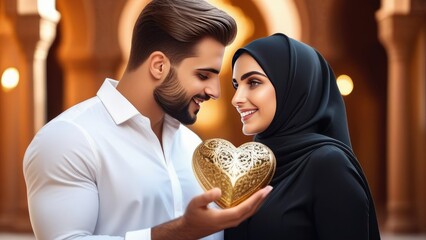 Valentine's Day concept. Loving Muslim couple holding gold heart and smiling, romantic Arab man and woman in hijab on blurred background.