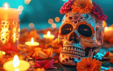 Sugar skull with flowers and candles, dia de los muertos celebration