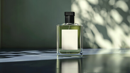 bottle of perfume with a blank white label on a glossy table mockup 
