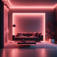 Interior design of the living room illuminated with neon, mysterious, colorful