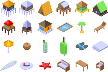 Tropical hotel icons set isometric vector. Sea shore beach. Villa summer