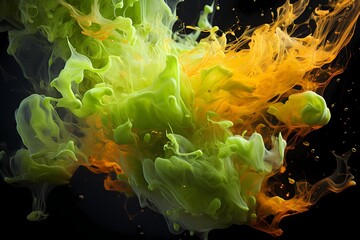 Neon green and fiery yellow liquids merging with explosive vigor, creating a visually stunning abstract masterpiece, flawlessly documented by an HD camera