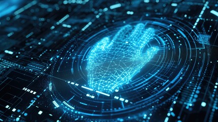 Futuristic blue digital handprint on a dark background symbolizing biometric security and advanced identity verification systems