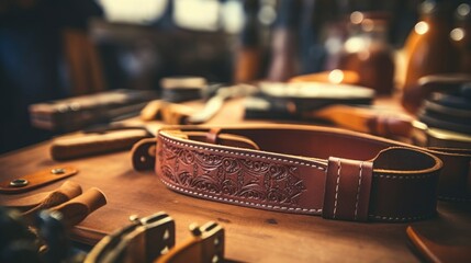 Closeup of a leatherworkers tools creating detailed designs on a belt. - obrazy, fototapety, plakaty