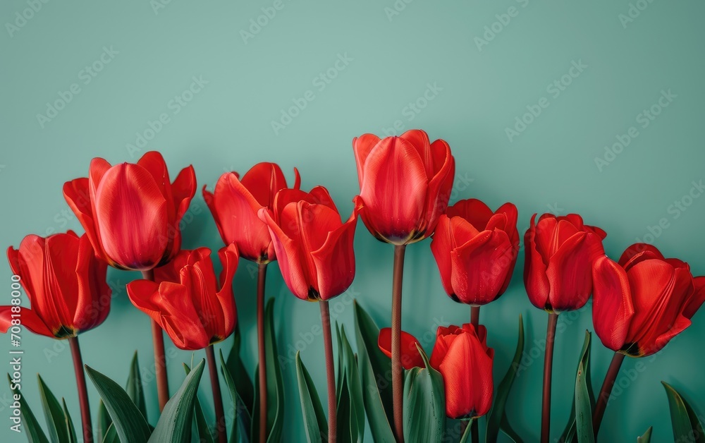 Wall mural red tulips on a pastel background with copy space