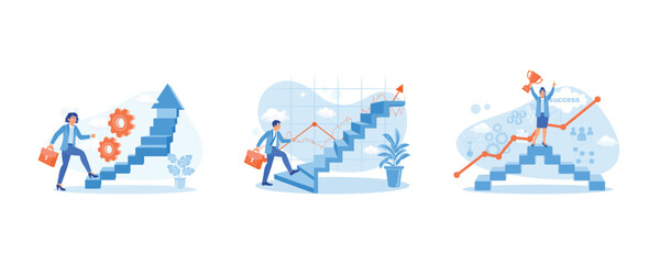 Fototapeta na wymiar Women get promoted. A businessman walks up carrying a briefcase. Which leads to success. Career Development Concept. Set Flat vector illustration.