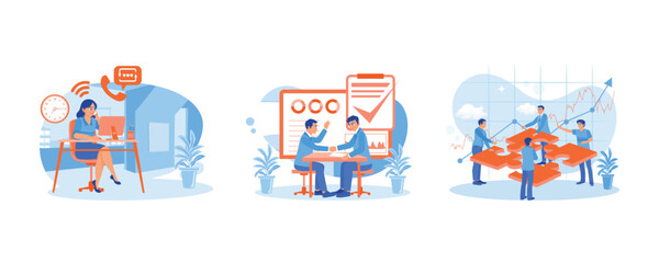 Make calls with clients. Complete the consultation. Teamwork concept. Employee Making concept. Set Flat vector illustration.