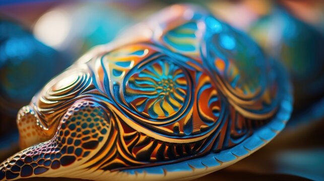 Closeup of a sea turtles shell, marked with intricate patterns and hues.