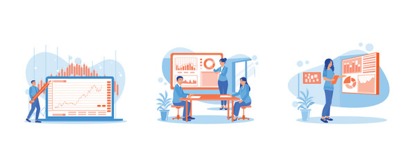 Fototapeta premium Business meeting presentations. Statistics and data. New business growth idea. Growth Analysis Concept. Set Flat vector illustration.