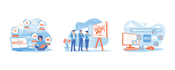 Digital online marketing. Applause at the SEO performance presentation. Digital marketing strategy. SEO concept Set Flat vector illustration.