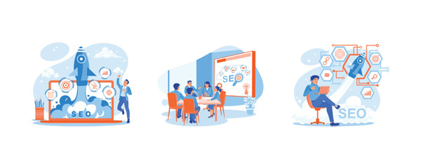 Obraz premium The rocket icon appears on the screen. SEO web optimization. Analyze traffic rankings on websites. SEO concept. Set Flat vector illustration.