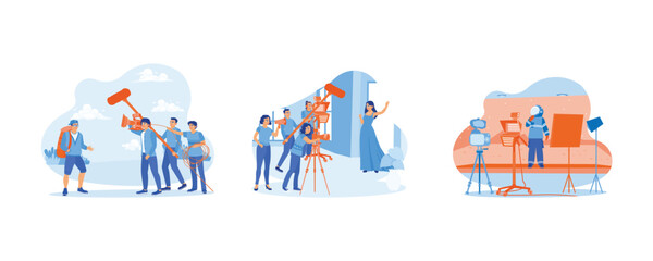 Fototapeta premium Behind the scenes of the filmmaking process. Take pictures outdoors and indoors. The cinematographer shot the Mars scene. Set Flat vector illustration.