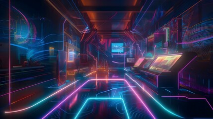A futuristic nightclub with neon lights and holographic projections . The background is a mix of bright colors and patterns, and there s a sense of movement in the lines and shapes. The color tempeat