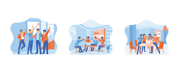 Fototapeta premium Celebrating concept. Raise each others hands and cheer. Businessman and coworkers standing and high five. set flat vector modern illustration
