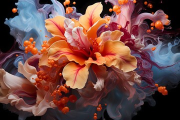 Orchid and fiery orange liquids collide with explosive energy, creating a dynamic and intense abstract display. HD camera freezes the vivid colors and intricate patterns in stunning detail