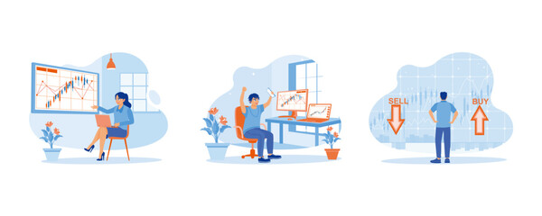 stock trading concept. analyze stock trading index. celebrate trading success. i am selling or buying shares. set flat vector modern illustration 
