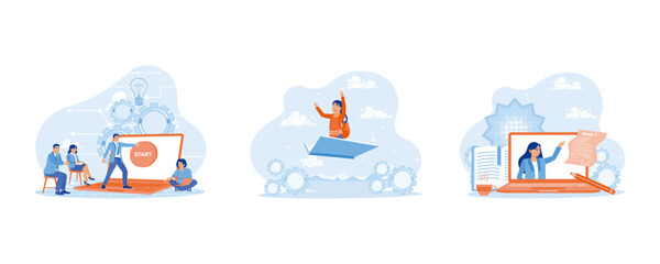 Fototapeta premium Stand in front of the laptop pressing the start button. Girls flying over books. Distance education concept. Education concept. set flat vector modern illustration 