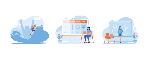 Self-improvement concept. Rock climbing with enthusiasm. Online self-improvement test. Students are confident in front of the board. set flat vector modern illustration 