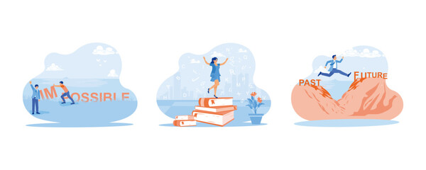 Self-improvement concept. I am turning the impossible into possible and standing on a pile of books. Jump from the past to the future. set flat vector modern illustration 