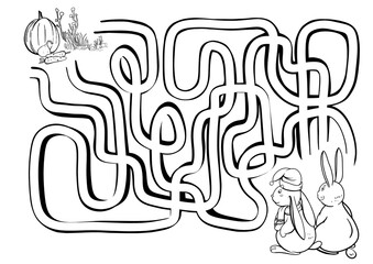 Game for children and parents, help the hares find food, maze, cartoon animals, illustration for coloring