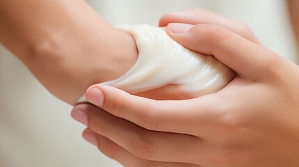 Closeup of a couples intertwined fingers lathered with moisturizing lotion.