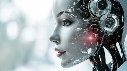 Fototapeta premium Close-up of a futuristic female android head with visible mechanical parts and digital interfaces, highlighting advanced technology