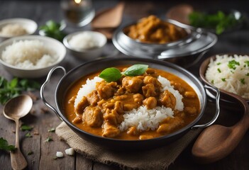 Chicken curry with jasmine rice indian food concept