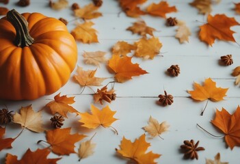 Naklejka na ściany i meble Fall background with orange pumpkins and fall leaves on a light surface