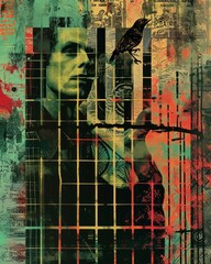 A poster of a man in a cage with bird ornament on it, in the style of conceptual, pop-art influenced.