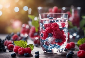 Sparkling water with raspberries and blueberries