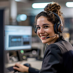 a smiling female call center operator wearing headset sitting on the desk in front of a monitor