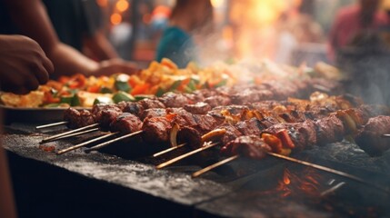 Closeup of a local street vendor expertly grilling juicy kebabs while customers wait in line at...