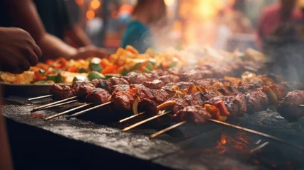 Foto op Canvas Closeup of a local street vendor expertly grilling juicy kebabs while customers wait in line at their food cart. © Justlight