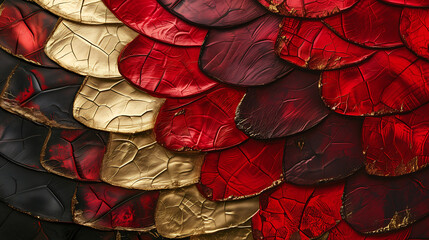 An abstract background with intricate patterns inspired by dragon scales, red and gold colors - obrazy, fototapety, plakaty