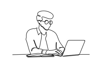 Continuous line drawing of business man working on laptop. Happy young businessman concept. one line drawing. Doodle vector illustration