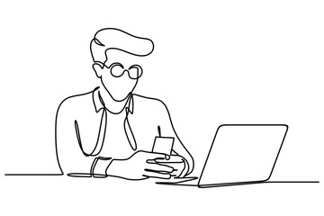 Fototapeta na wymiar businessman using smartphone in front of laptop. continuous line drawing. vector illustration